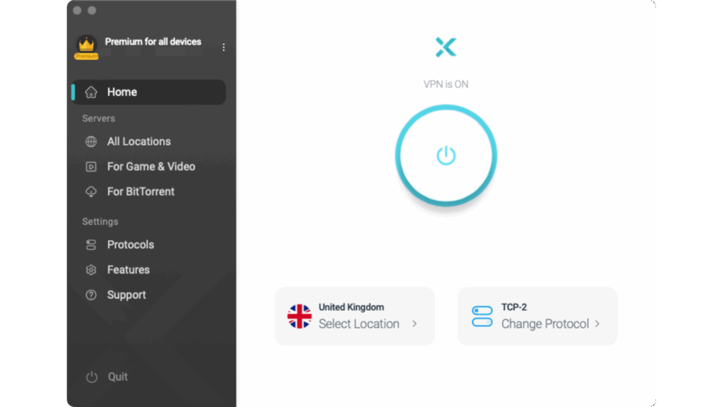 xvpn, interface of the app