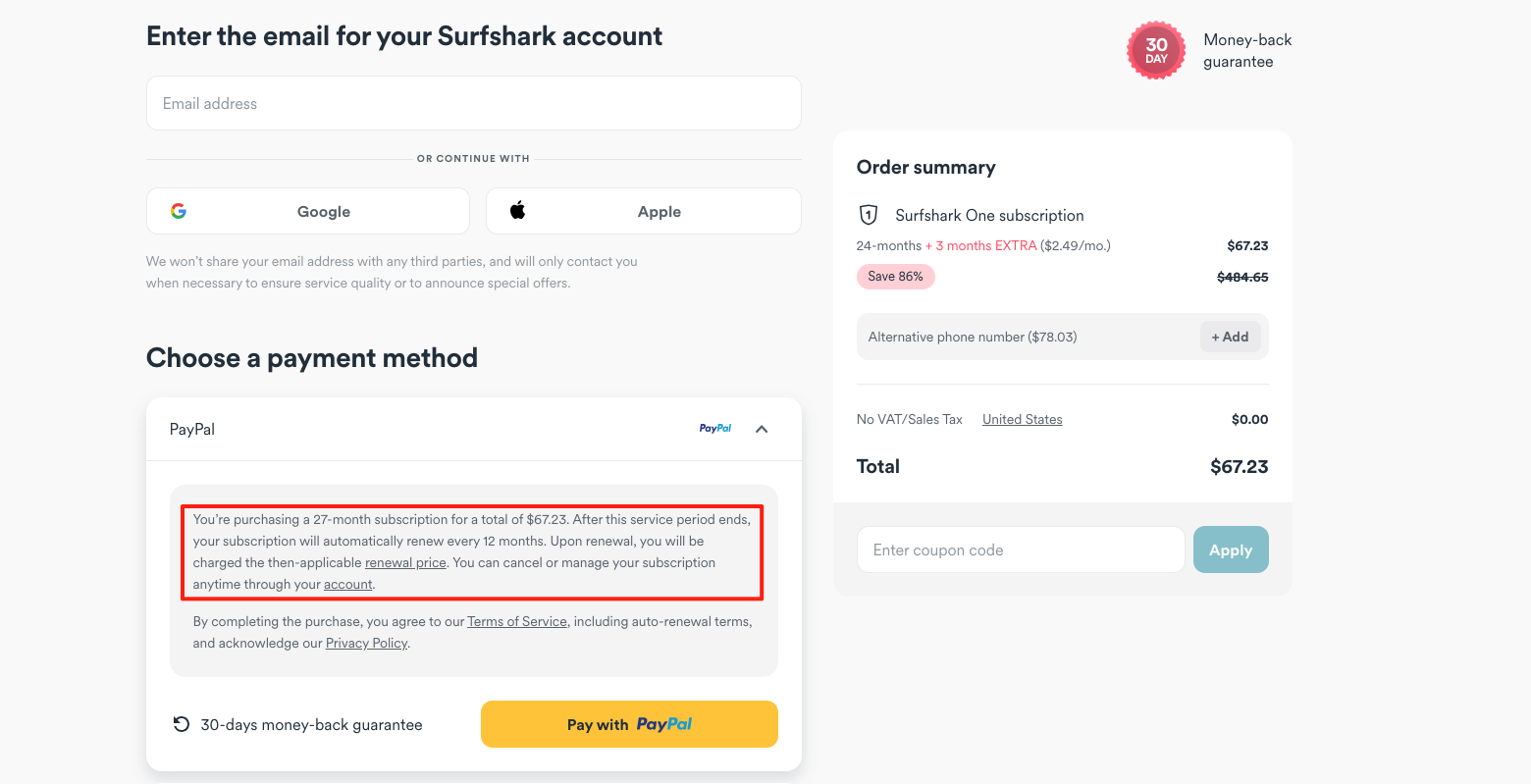 surfshark payment page