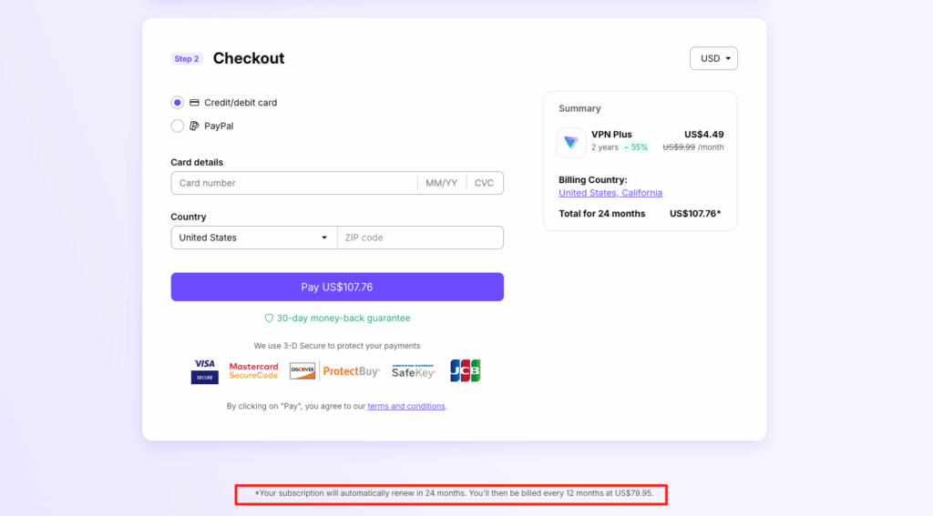proton vpn payment page