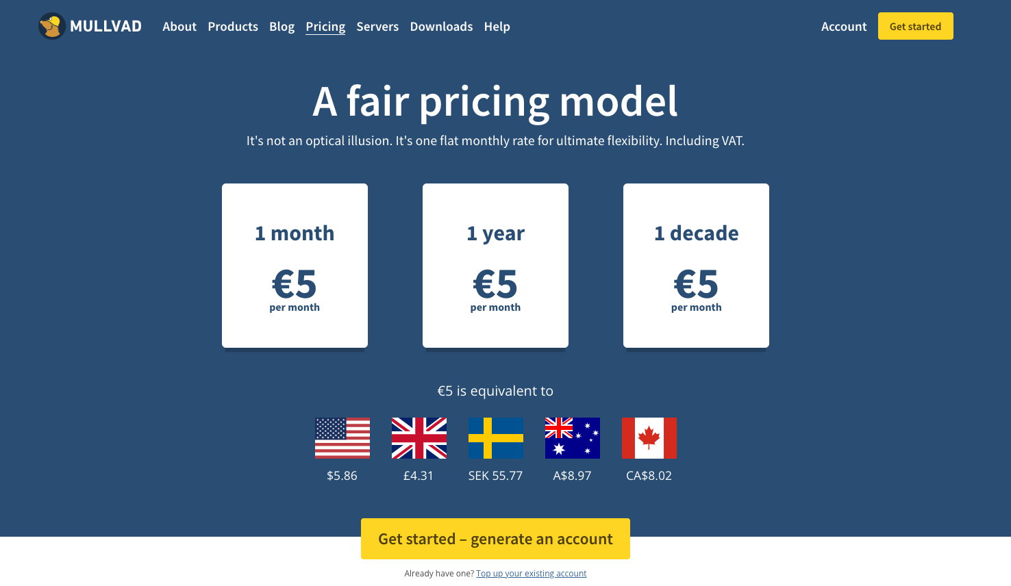 mullvad pricing page