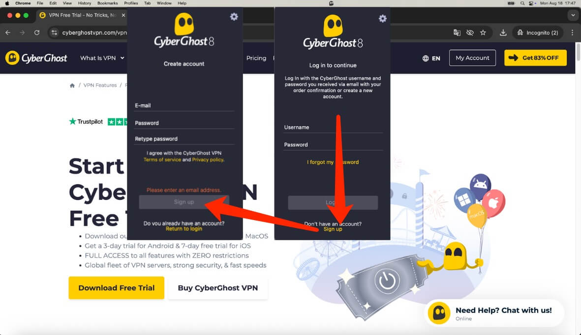 Create an Account for CyberGhost VPN Trial