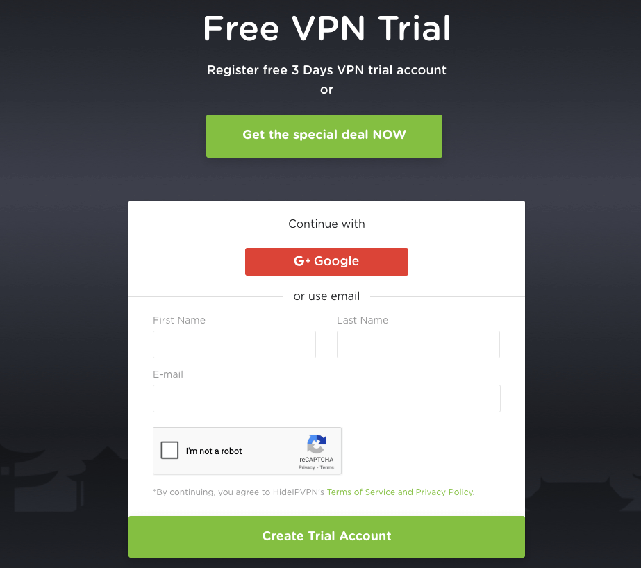 HideIPVPN 3 Days Free Trial with Email