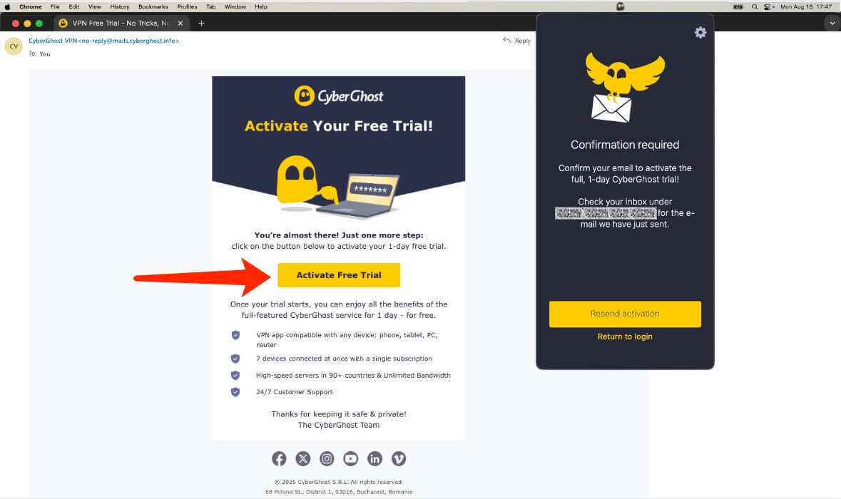 Verify Email for CyberGhost VPN Trial