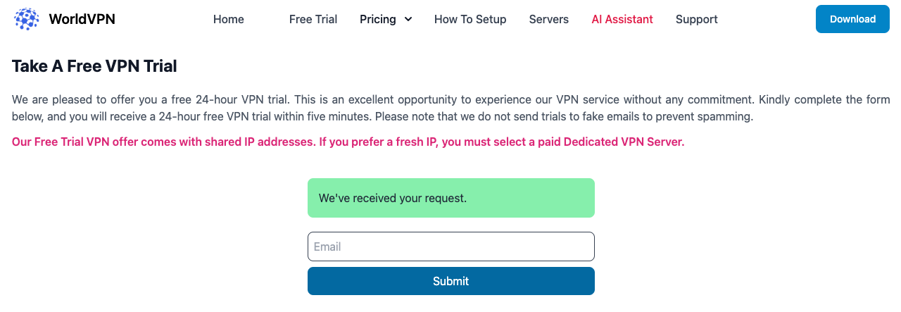 Verify Email to Start WordVPN Free Trial