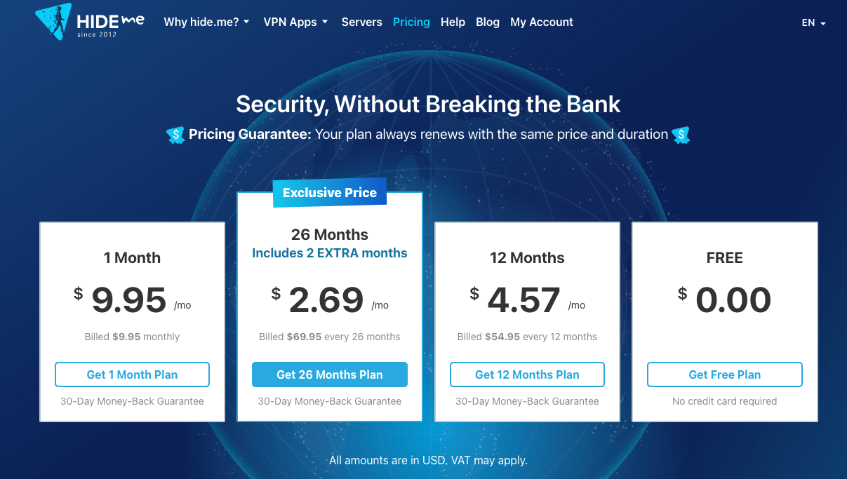 Hide.me VPN Monthly Price
