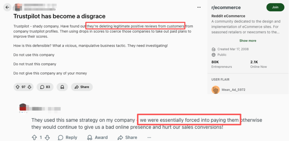 Reddit Users Reported that Trustpilot Removes Positive Reviews