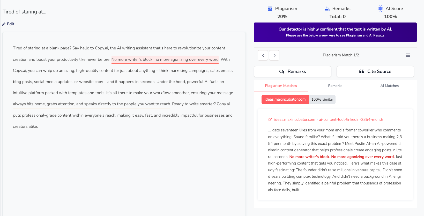Copy.ai Sentence Rewriter Content Check Result