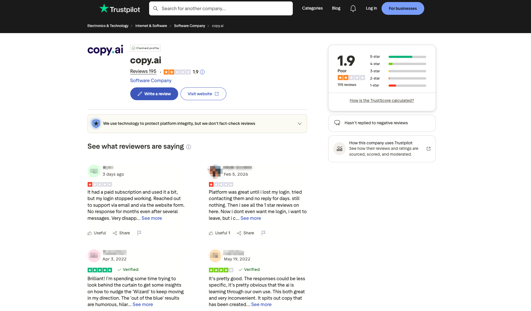 Copy.ai Trustpilot Review